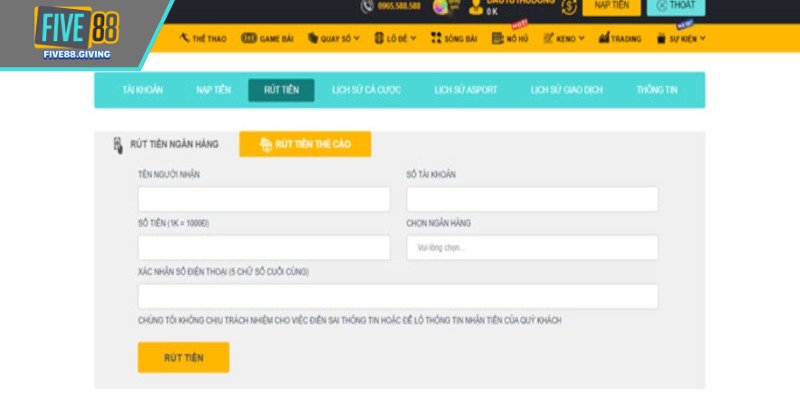 Cung cấp thông tin để rút tiền FIve88